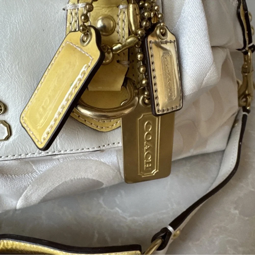 Coach leather canvas Sabrina # 12947 ivory White and Gold Women's Bag purse - Picture 4 of 12